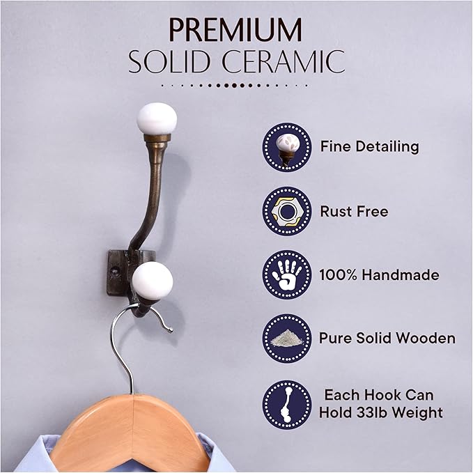 Indian Shelf Pack of 12 Heavy Duty Double Prong White Decorative Coat Hooks - Image 3