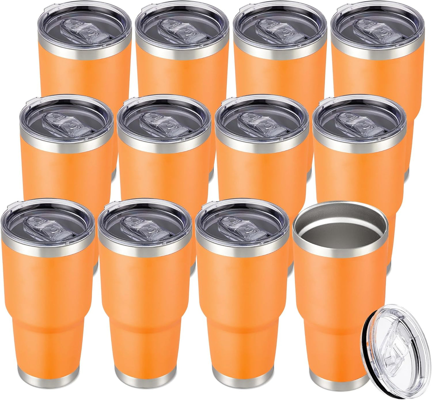 30 oz Tumbler with Lid Stainless Steel Tumblers Bulk Vacuum Insulated Cup Reusable Powder Coated Travel Mug Double Wall Leak Proof Cups Keep Cold Drinks for 12 Hours Orange, Set of 12