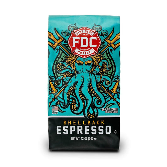 Fire Department Coffee - Gives Back to Firefighters - Bold & Smooth Shellback Espresso Ground Coffee - Roasted in the USA - Veteran Owned - 12 oz