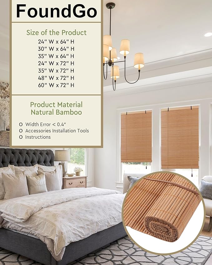 Foundgo Bamboo Shades 24" W x 64" H Light Filtering Bamboo Blinds - Image 4