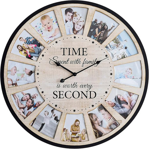 12 Photo Collage Rustic Wood Farmhouse Wall Clock, Large Family Picture Wall by JUMBOHUMBLE