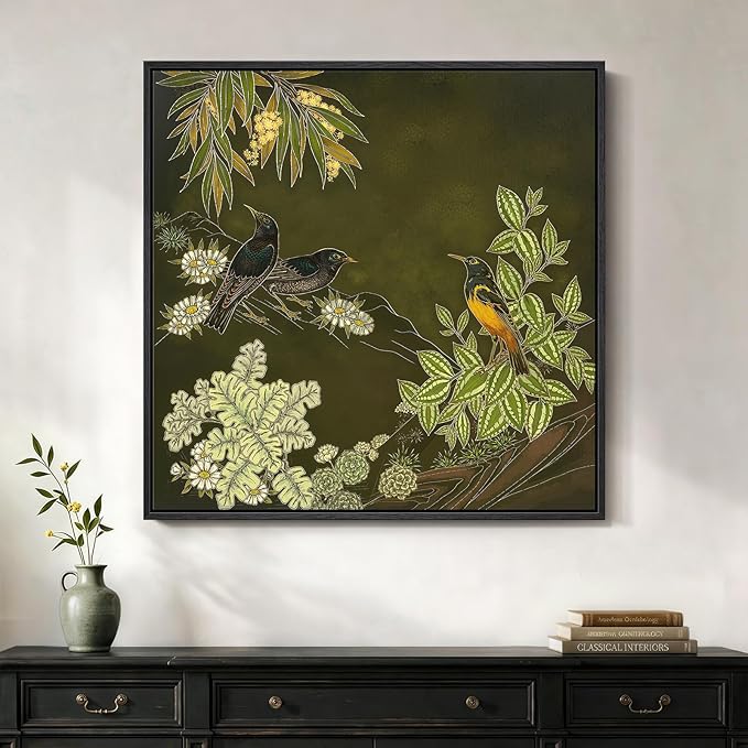 Framed Green Wall Art, Vintage Botanical Flower Bird Nature Canvas Prints by Cuspin