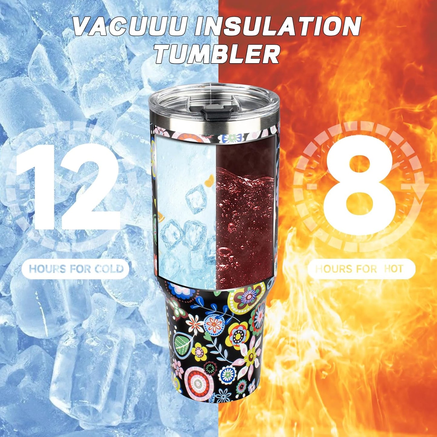 40 oz Tumbler with Lids and Straws, Stainless Steel Insulated Coffee Tumbler, Double Wall Vacuum Insulated Travel Mug Cup, Leakproof Thermal Coffee Cup for Hot and Cold Drinks (Flower)