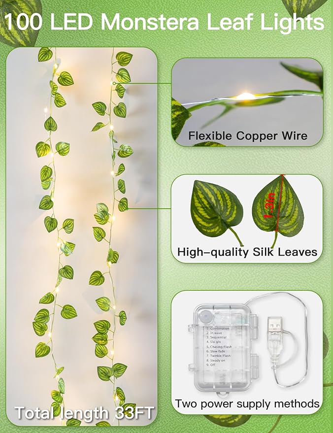 suddus Vines with Fairy Lights Battery & USB Powered Operated, 33ft 100 LED - Image 5