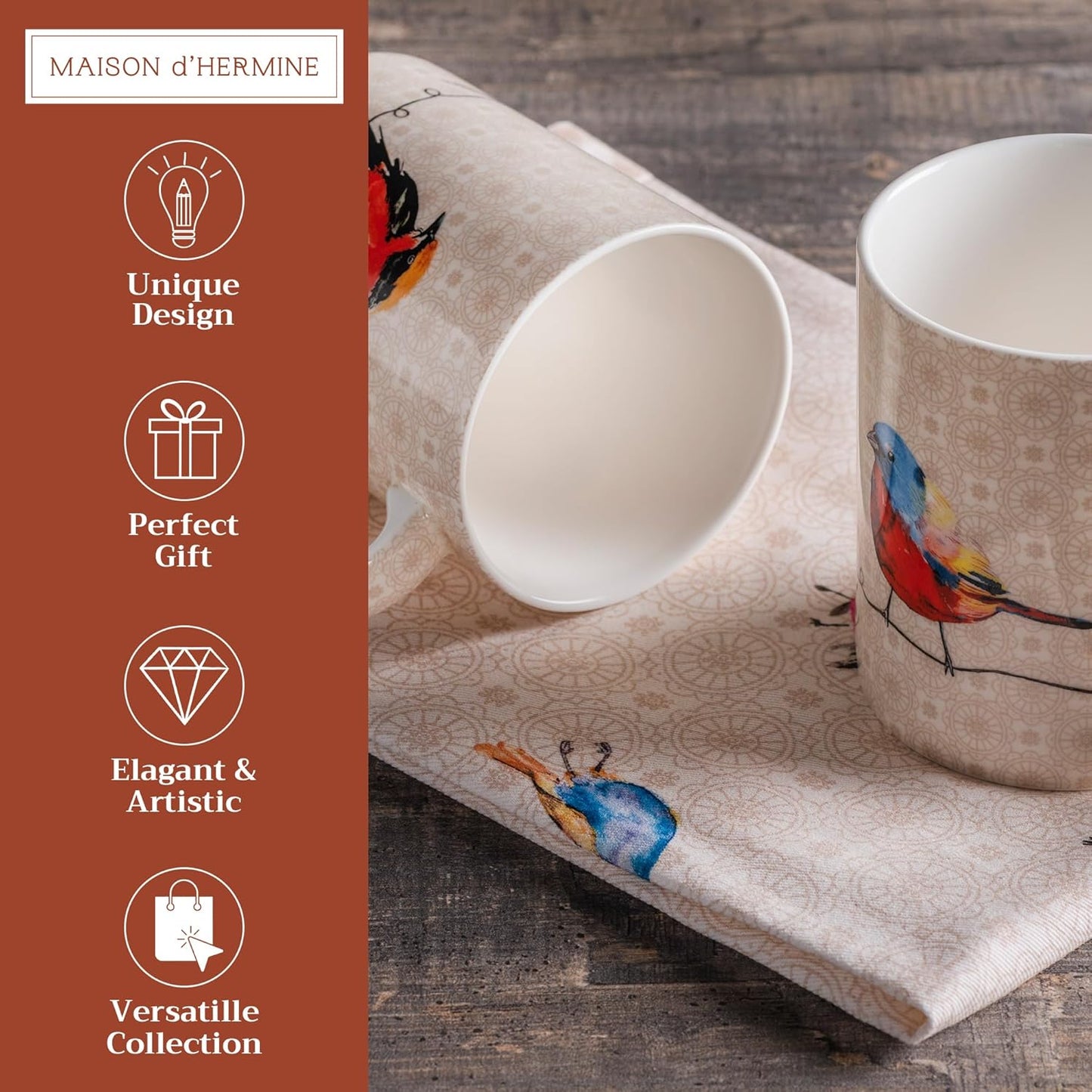 Maison d' Hermine Coffee Mug with Handles Fine Bone China Mugs Pack of Two Tea Cups for Hot Beverages Cappuccino Latte Home Restaurant Office Perfect for Gift (Birdies On Wire, 15 Ounce)
