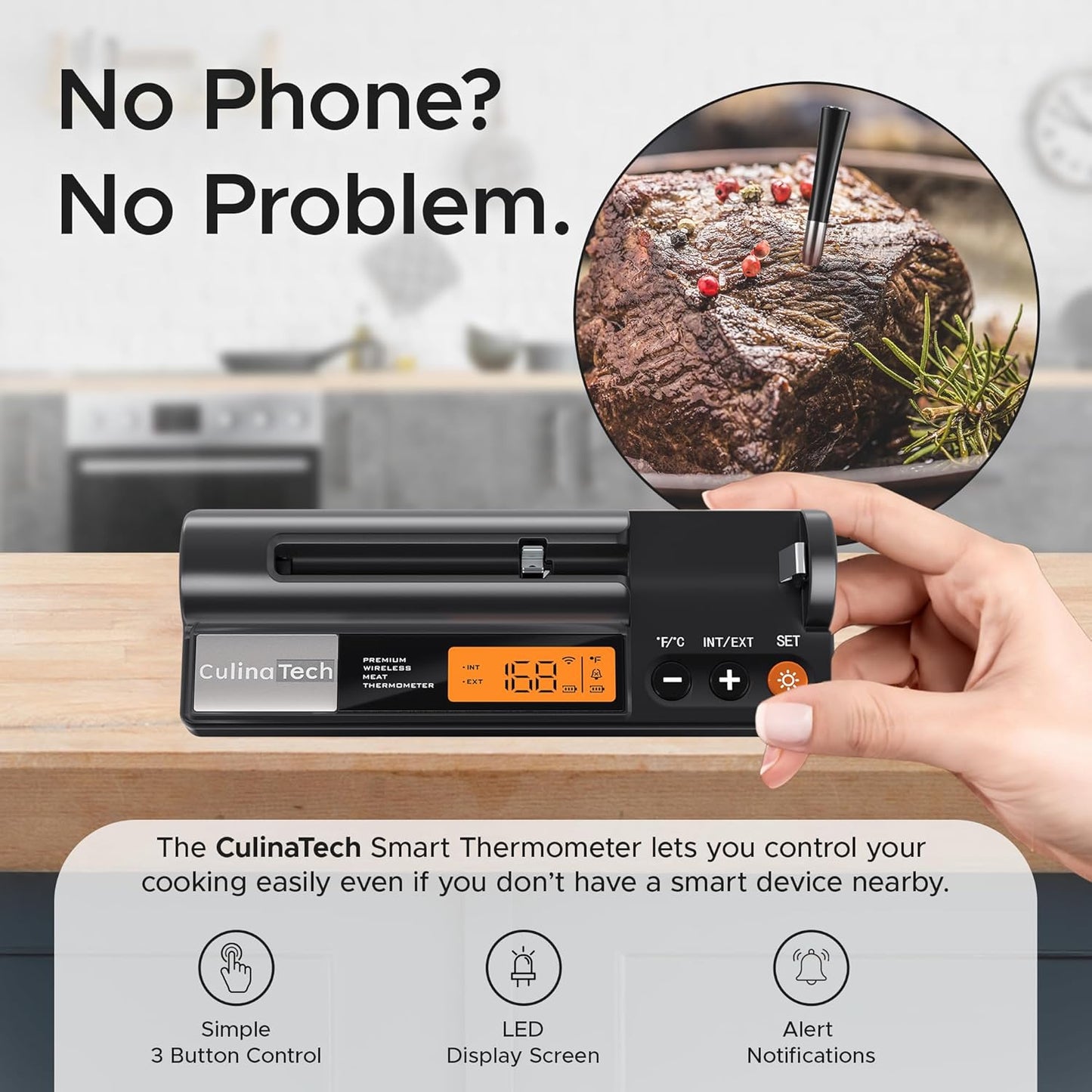 CulinaMeter One: 700FT Wireless Meat Thermometer with LCD Screen, Digital Cooking Food Thermometer for Beef Lamb Turkey, Dual Sensor Measures Internal & Ambient Temp