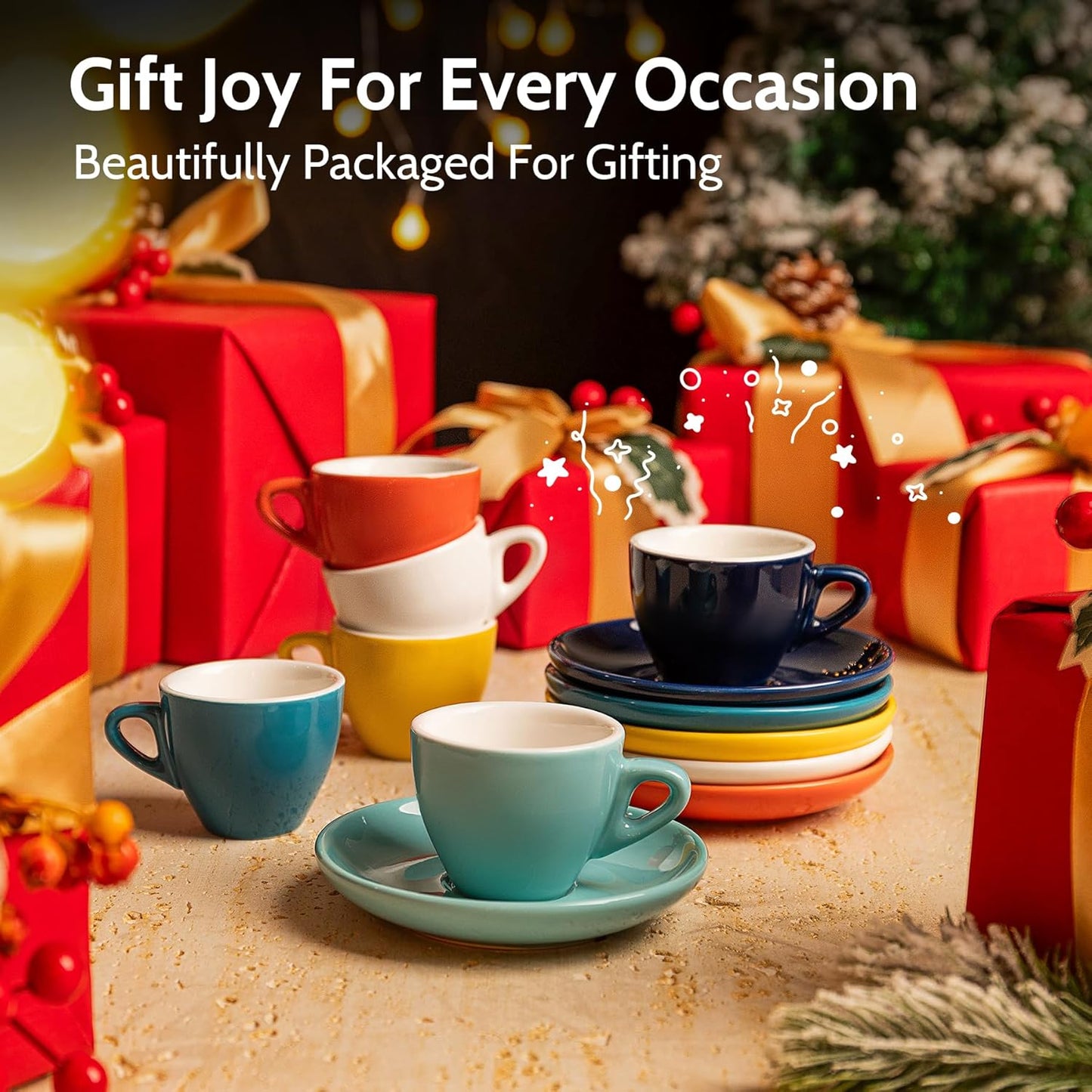 Sweese 2 Ounce Espresso Cups with Saucers, Porcelain Espresso Cups Set of 6 - Hot Assorted Colors