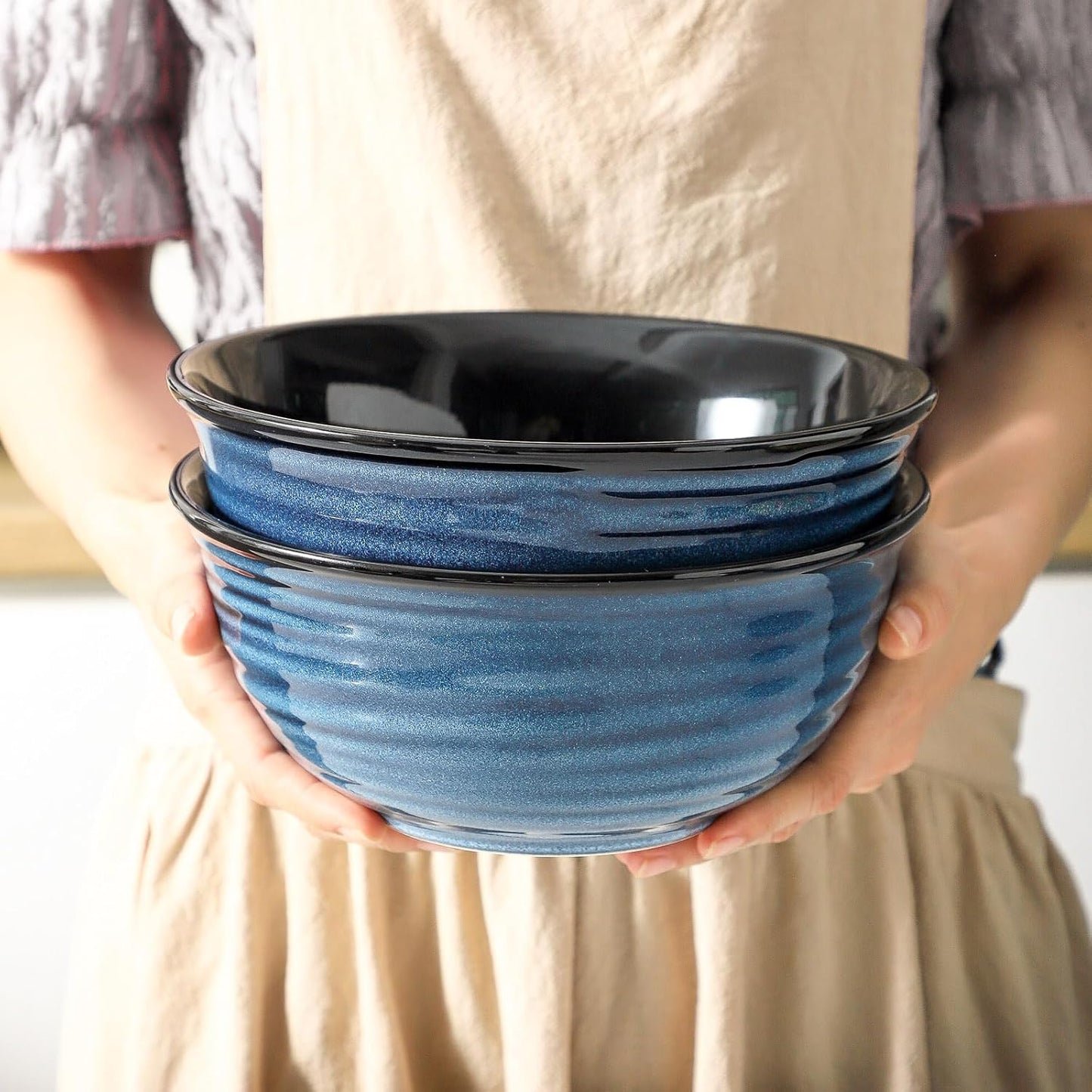 MEKY 65oz Ceramic Mixing Bowls Set of 2, Deep Large Ribbed Serving Bowls for Salad, Pasta, Ramen, Soup, Durable Kitchen Bowl Set, Microwave Oven Dishwasher Safe Porcelain，Blue