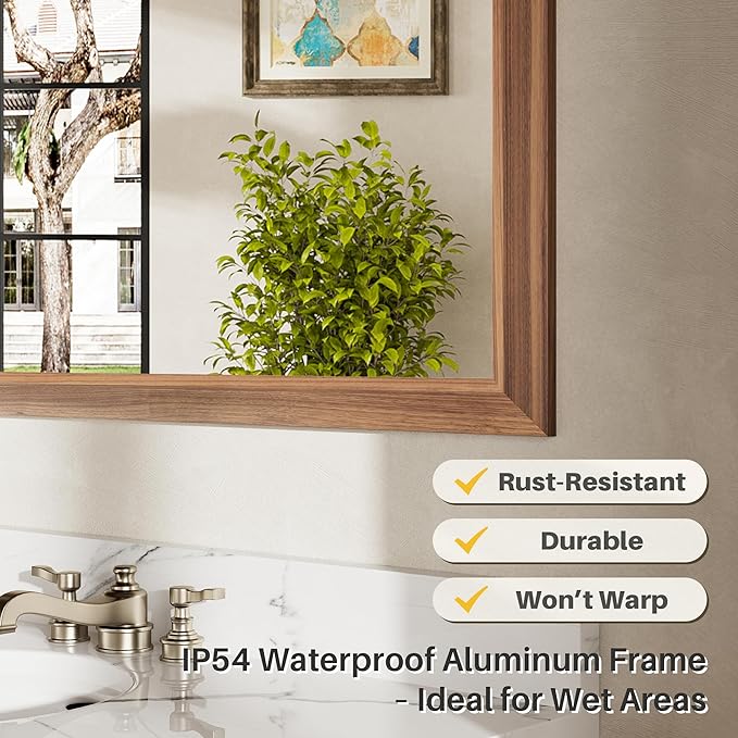 28x36 Inch Bathroom Mirror for Wall, Anti-Rust Walnut Wood Grain Metal Framed - Image 4