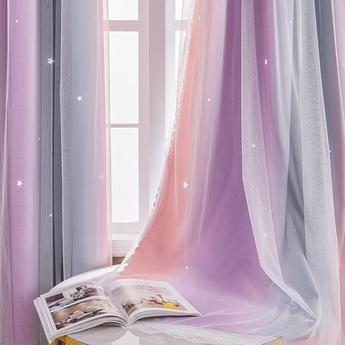 XiDi Curtains for Bedroom Decor, Rainbow GreyPinkPu-34-96 by Addsomecolortolife