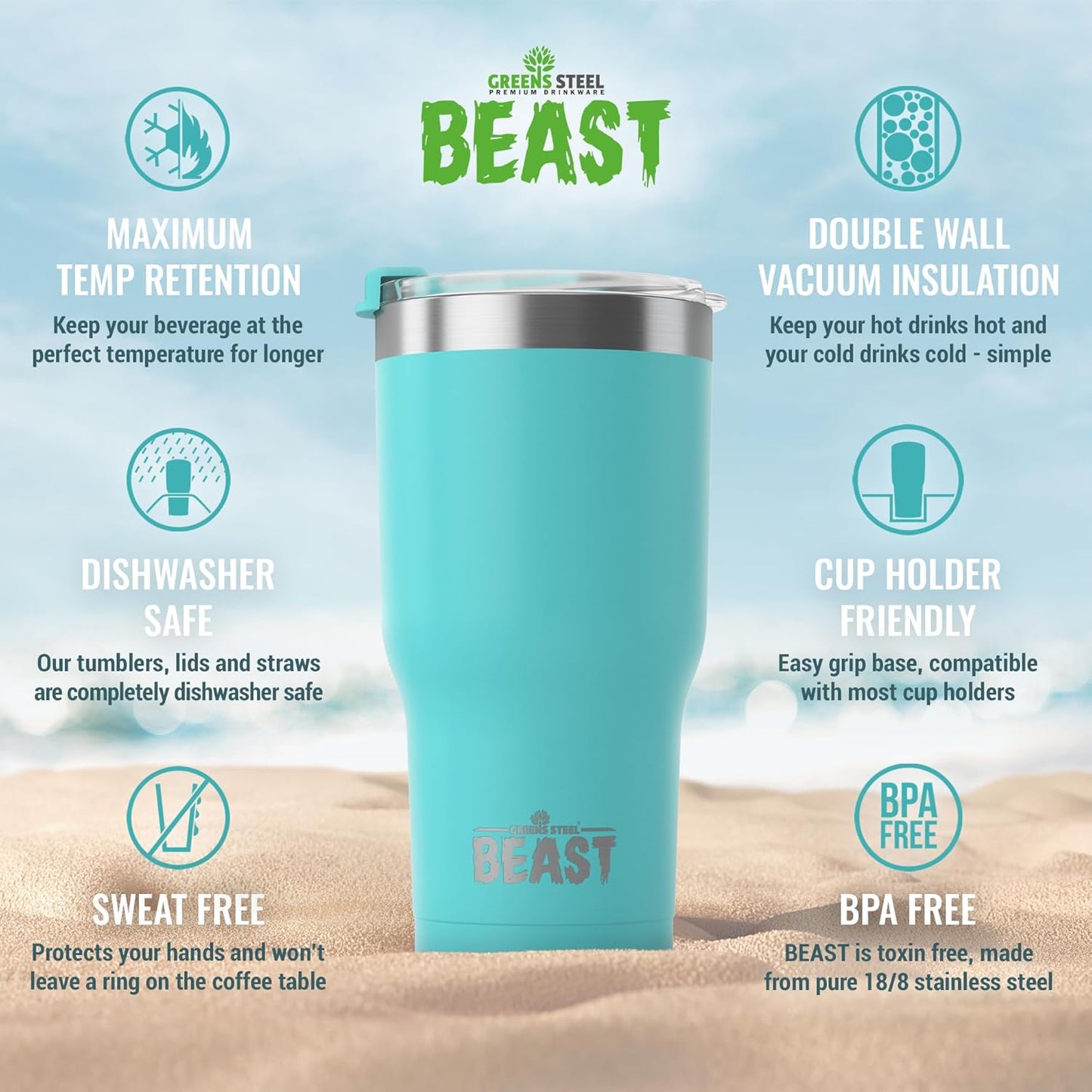 Beast 40 oz Tumbler Stainless Steel Vacuum Insulated Coffee Ice Cup Double Wall Travel Flask (Aquamarine Blue)