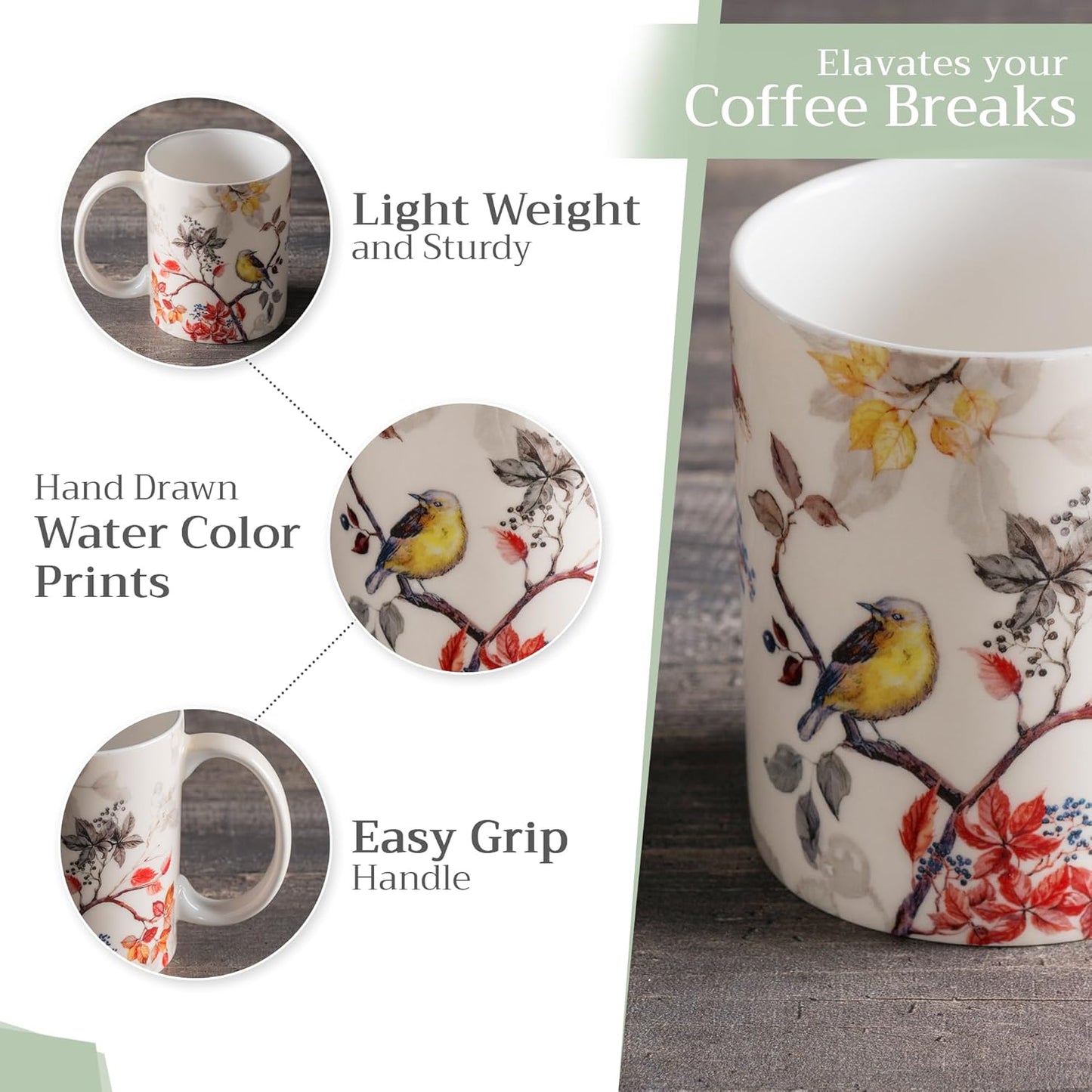 Maison d' Hermine Coffee Mug with Handles Fine Bone China Mugs Pack of One Tea Cups for Hot Beverages Cappuccino Latte Home Restaurant Office Perfect for Gift (Equinoxe - Beige Passerine, 12 Ounce)