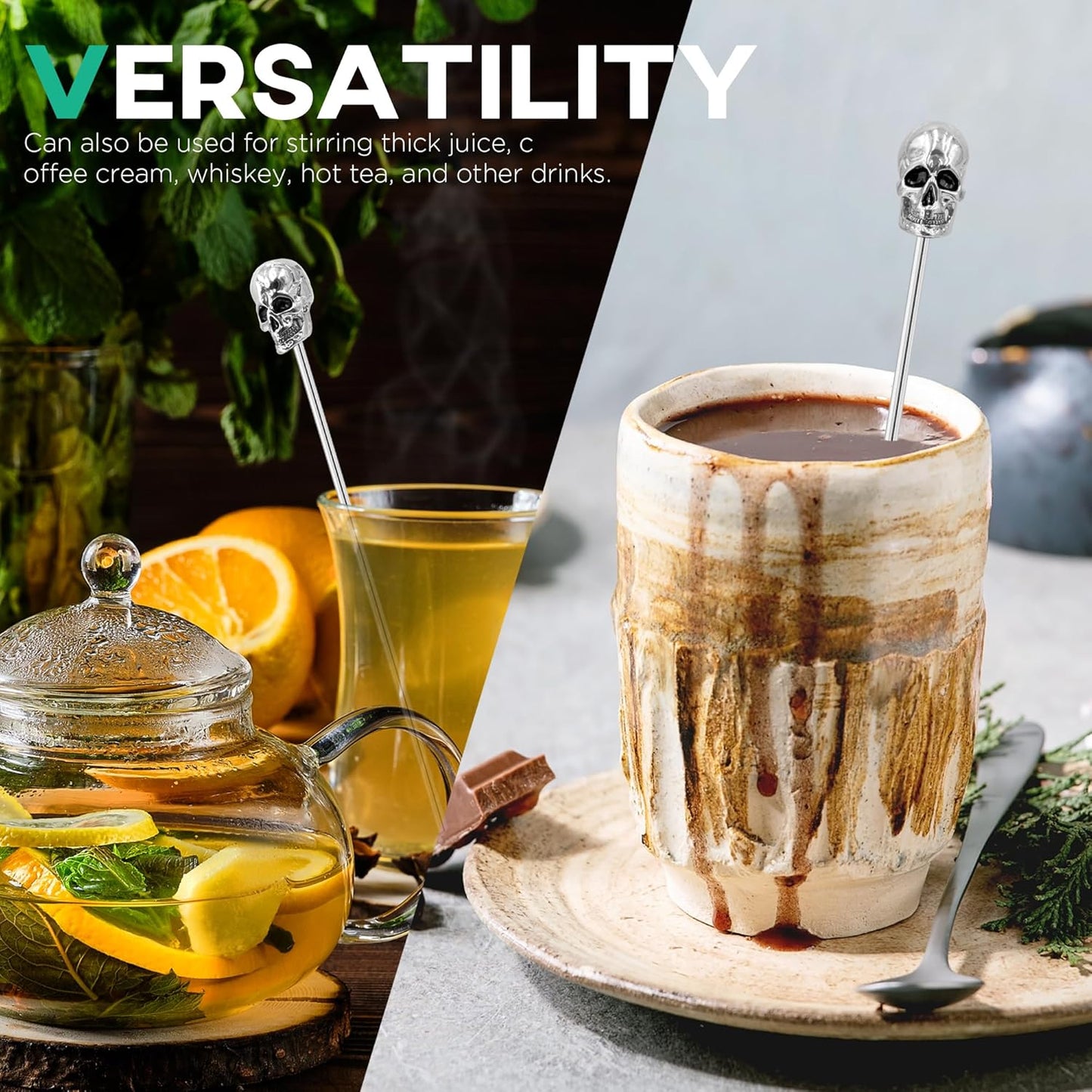 Homestia Coffee Stick Stainless Steel Swizzle Sticks Reusable Metal Stir Sticks Cocktail Coffee Drink Stirrer Spoon Beverage Cocktail Stirrers Stir with Skull Halloween Party (7.5'' Long, Set of 6)