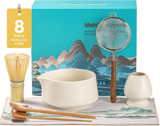 Artisan Matcha Whisk Set - 8 Pcs Premium Matcha Set with Bowl (Chawan), Bamboo Whisk & Tools | Matcha Kit for Making Breakfast/Latte | Gift for Matcha Lovers (White)