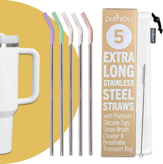 purifyou 14.5" Stainless Steel Straws with Pastel Colored Silicone Tips, Extra Long & Wide Reusable Metal Straws for Tumblers, Smoothies (Set of 5 with Brush)