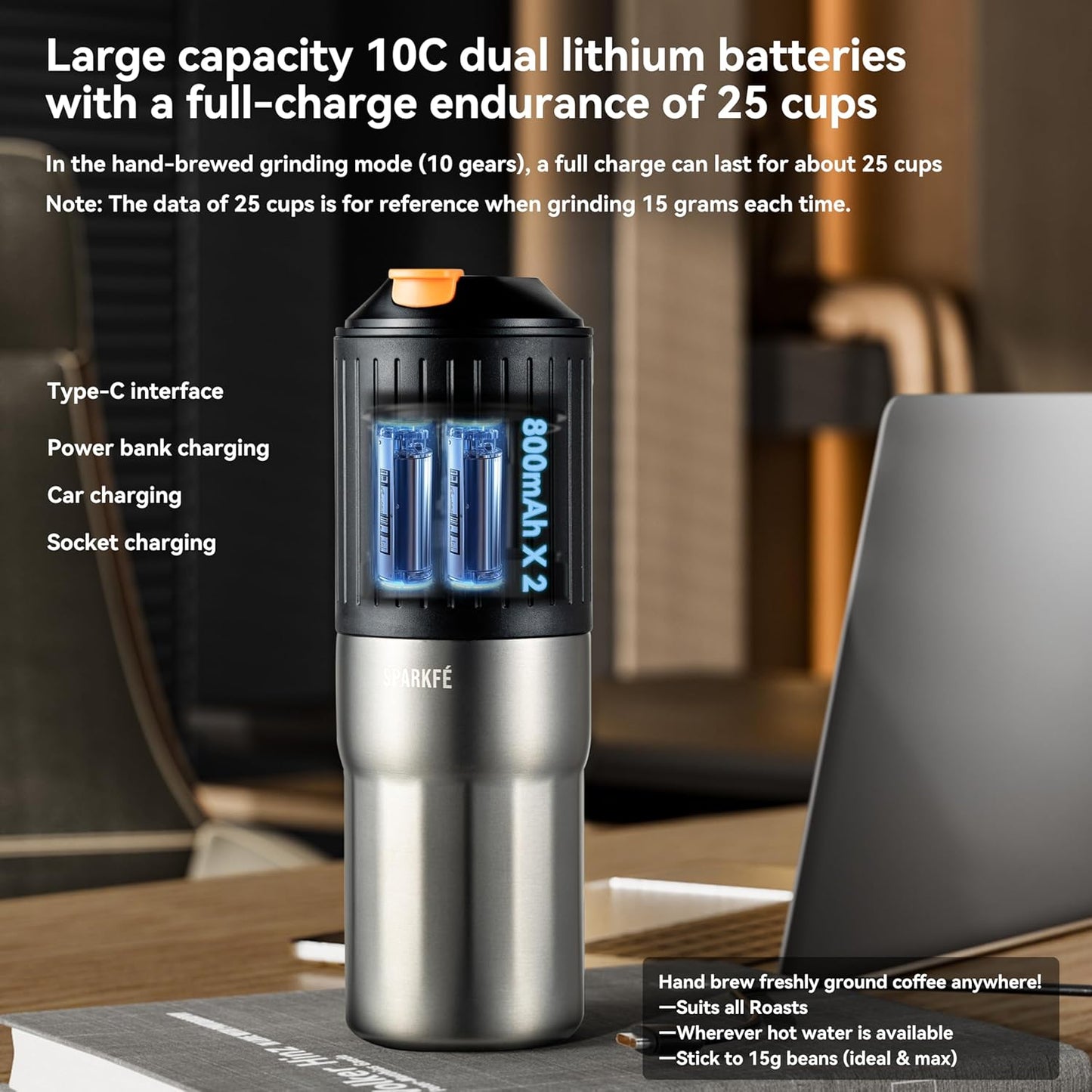 Portable Pour Over Coffee Maker, Rechargeable Electric Grinder with Stainless Steel Conical Burr, Integrated Hand Brew Kit with Stainless Steel Filter Dripper & Travel Mugs, for Camping, Outdoors