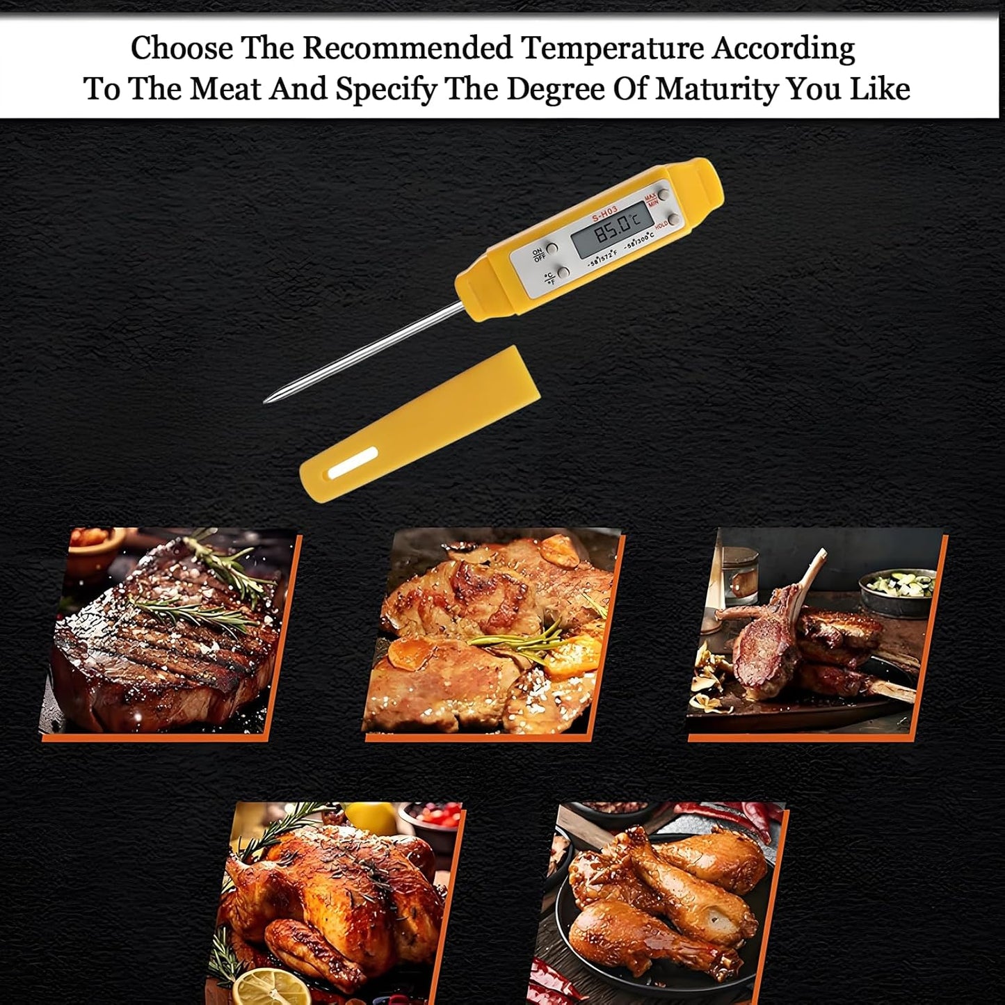 Meat Thermometer - Digital Food Thermometer for Cooking Kitchen - Automatic Calibration Pen Style Electronic Pocket Thermometer for Water Temperature, Barbecue (Yellow)