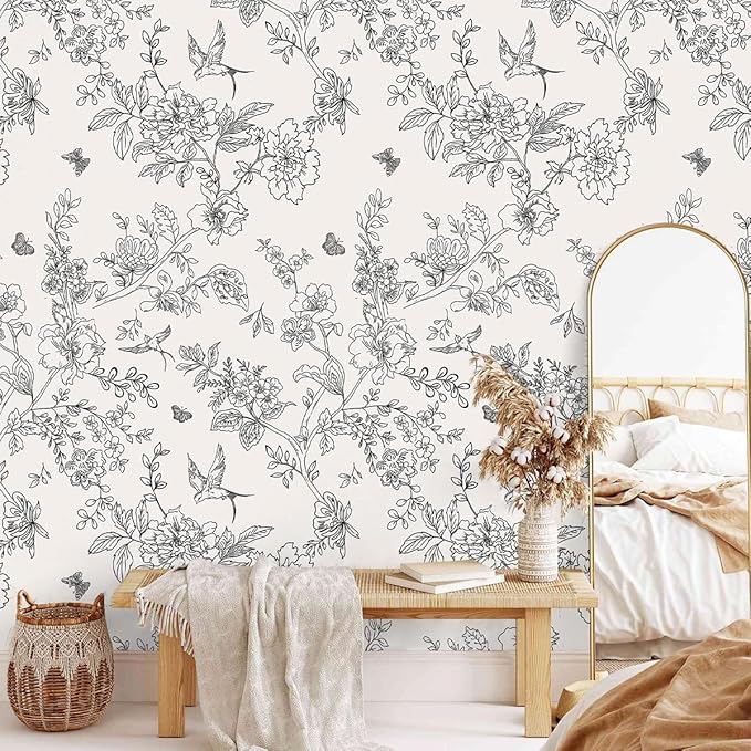 Froluya Black and Cream White Floral Wallpaper Peel and Stick Wallpaper - Image 6