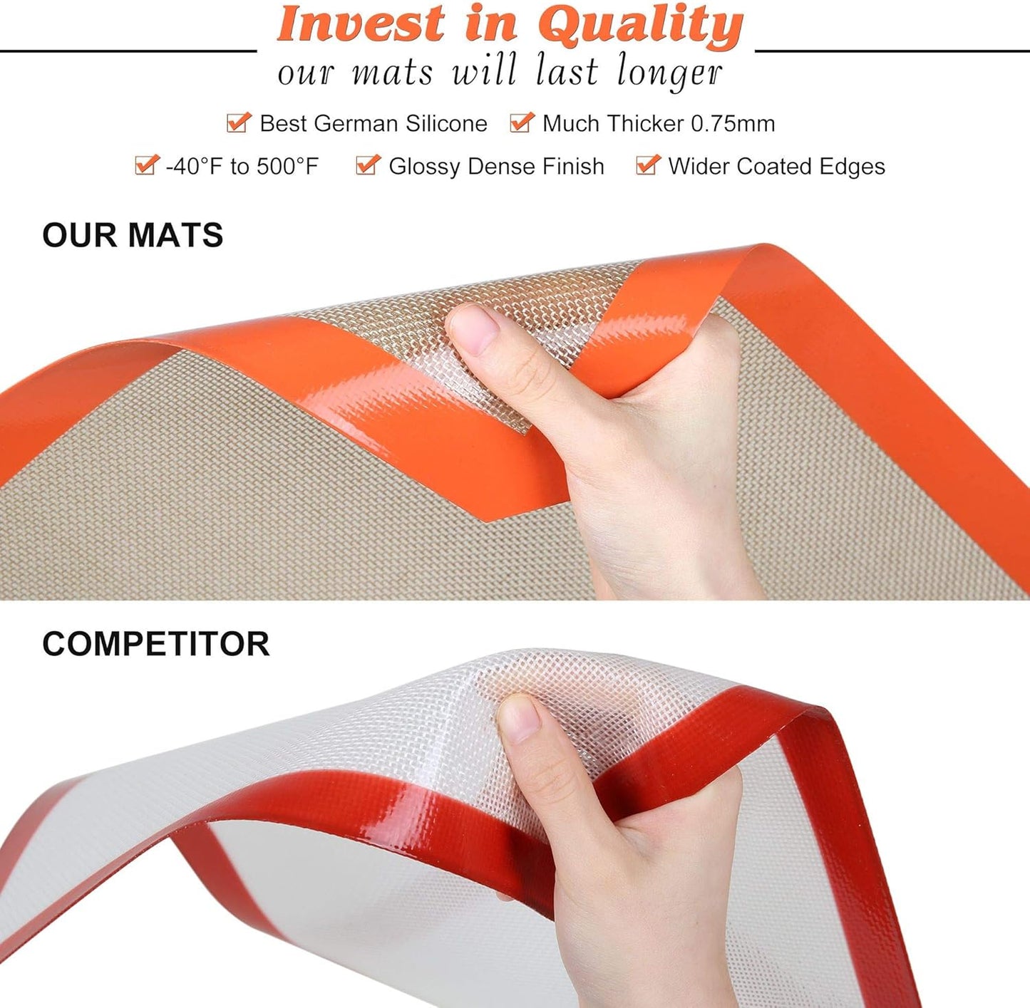 Silicone Baking Mat - Best German Silicone - Non Slip Silicone Baking Sheet, Non Stick Reusable Silicone Mats for Baking, Oven Liner, Counter Mat - Half + Medium + Quarter Baking Sheets Set