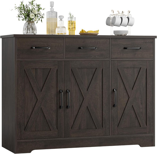 HOSTACK Modern Farmhouse Buffet Sideboard Cabinet, Barn Doors Storage Cabinet with Drawers and Shelves, Wood Coffee Bar with Storage for Dining Room, Kitchen, Living Room, Dark Brown