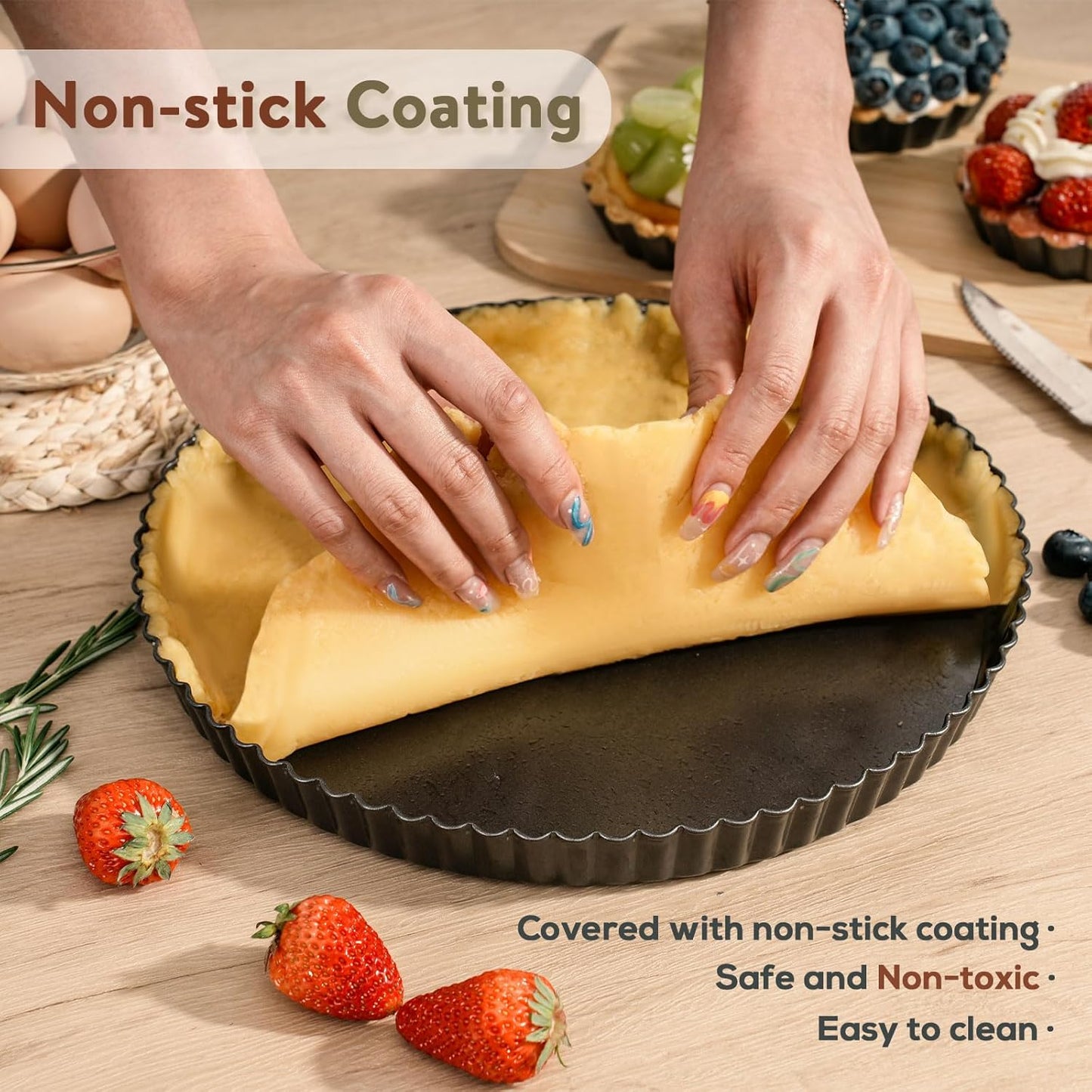 Sturdy Nonstick Tart Pan 11 inch Removable Bottom, Round Carbon Steel Quiche Pan for Baking, Heavy Duty Tart Mold loose for Pie, Mousse Cakes,Fruit and Desserts
