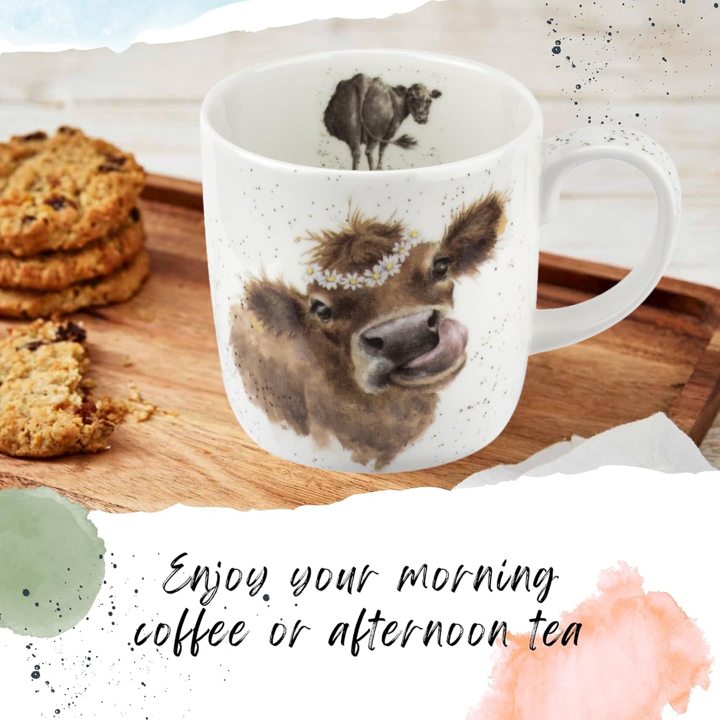 Royal Worcester Wrendale Designs 14 oz Mug, Daisy Chain with Cow Illustration - Floral Animal Mug for Cottagecore Kitchens - Microwave, Dishwasher, Freezer Safe Fine Bone China Drinkware