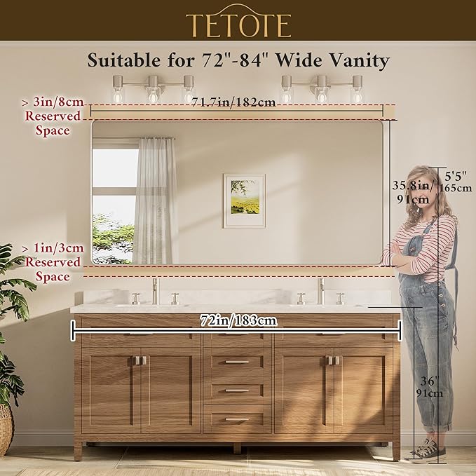 TETOTE 72 x 36 Inch Brushed Gold Bathroom Mirror, Rectangle Metal Frame - Image 8