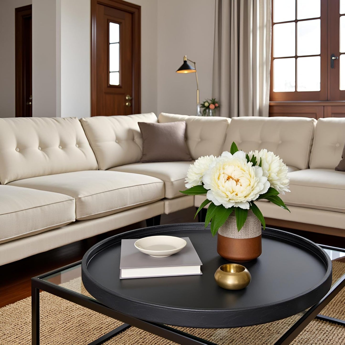 30x30 High-End Light Luxury Leather Round Oversized Tray - Ottoman Coffee Food Serving for Family Dinner, Outdoor Picnic & Party Essentials | Versatile Home Decor Tray(30 inch Black)