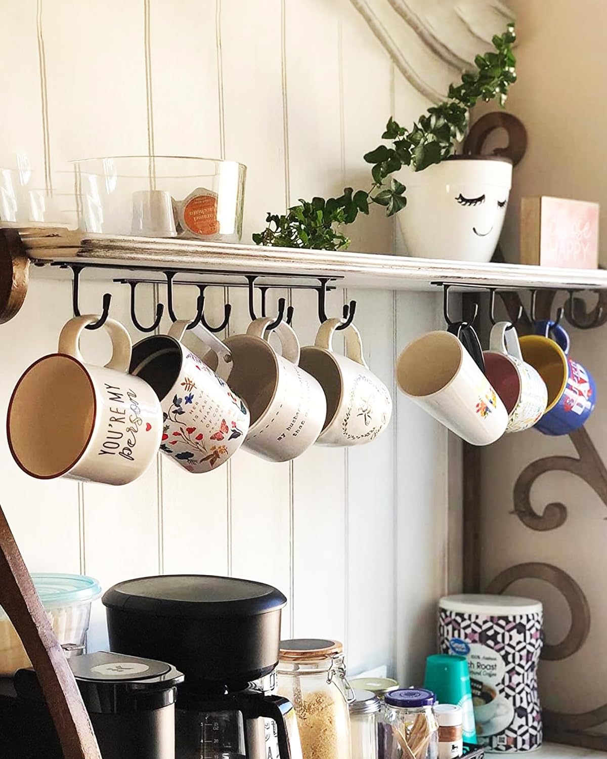 Mugs Hooks 3 Pcs Mug Holder Under Cabinet Coffee Hooks for Mugs Iron Hanging Mug Rack Under Shelf Kitchen Dining Bar Organizer Rack - Bronze