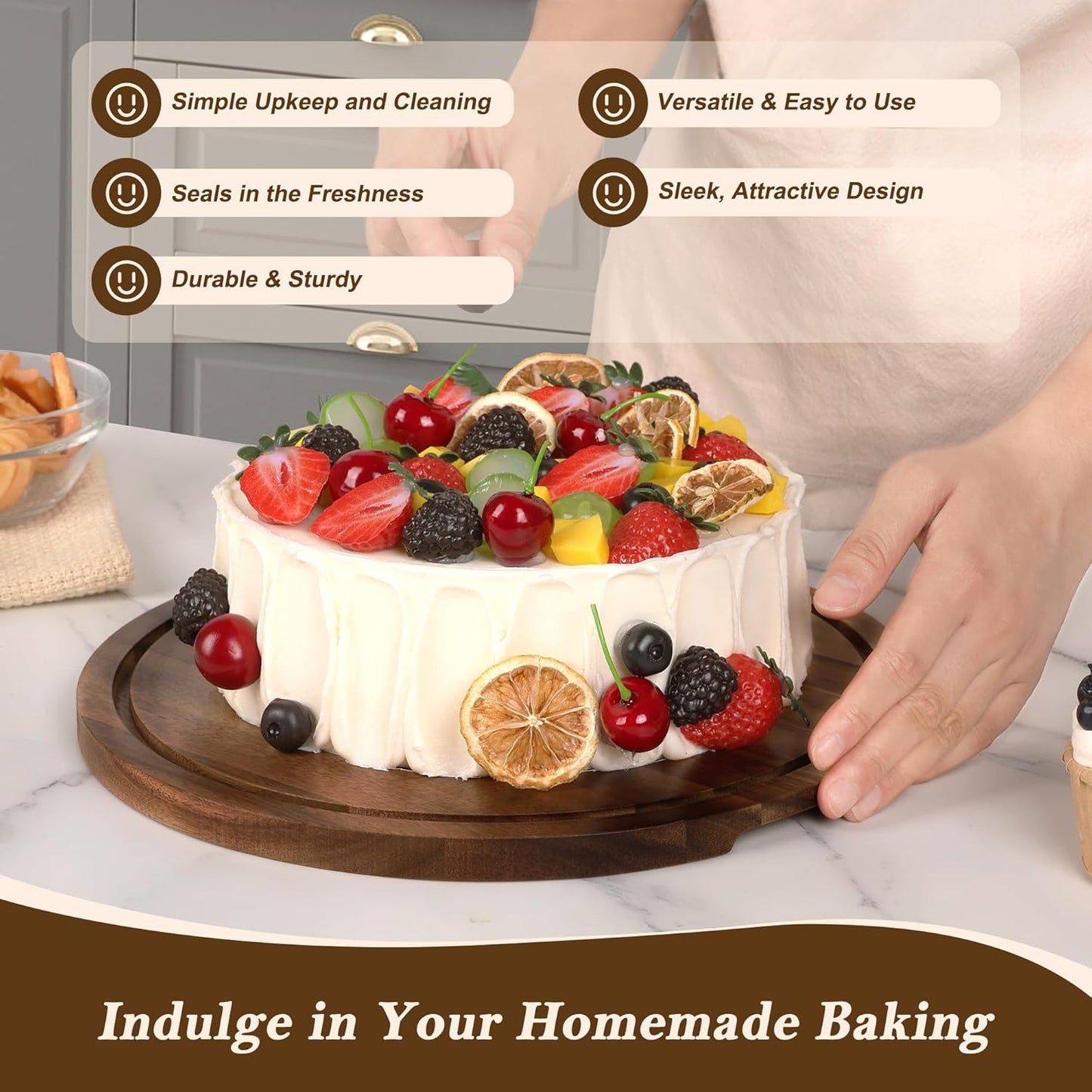 Bellsal Cake Stand with Clear Acrylic Dome Lid, 12in Acacia Wood Cake Holder with Lid, Cake Plate with Lid for Baking Gifts, Cake Display Server Tray for Birthday Party Weddings