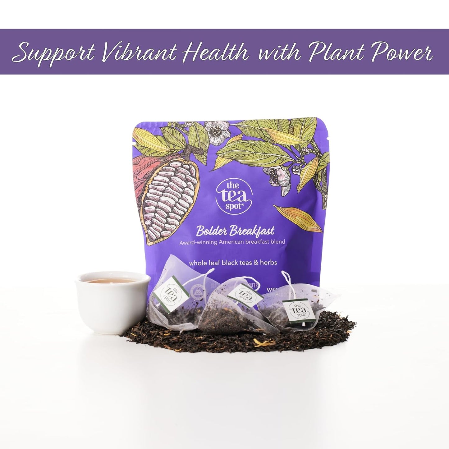The Tea Spot Bolder Breakfast Tea with Dark Chocolate Flavoring | Blend of Black Tea, Pu’erh Tea, Calendula Flowers, Sunflower Petals, and Chocolate Flavoring | 15 Tea Bags