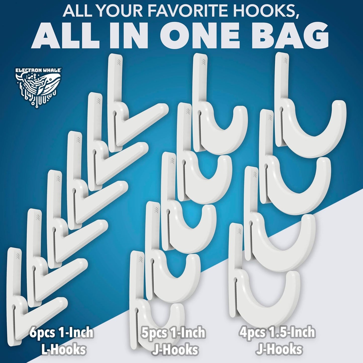 Heavy Duty Plastic L-Hooks and J-Hooks for Garage Shelving, Compatible with Keyhole Slots, UV-Resistant, 40 lbs Load Capacity (15, White L-Hook and J-Hook Assortment)