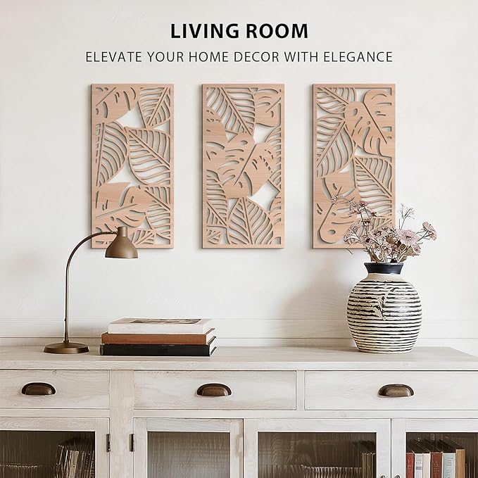 VIYYIEA Boho Solid Wood Carved Wall Art Set of 3, Geometric Minimalist Wooden - Image 4