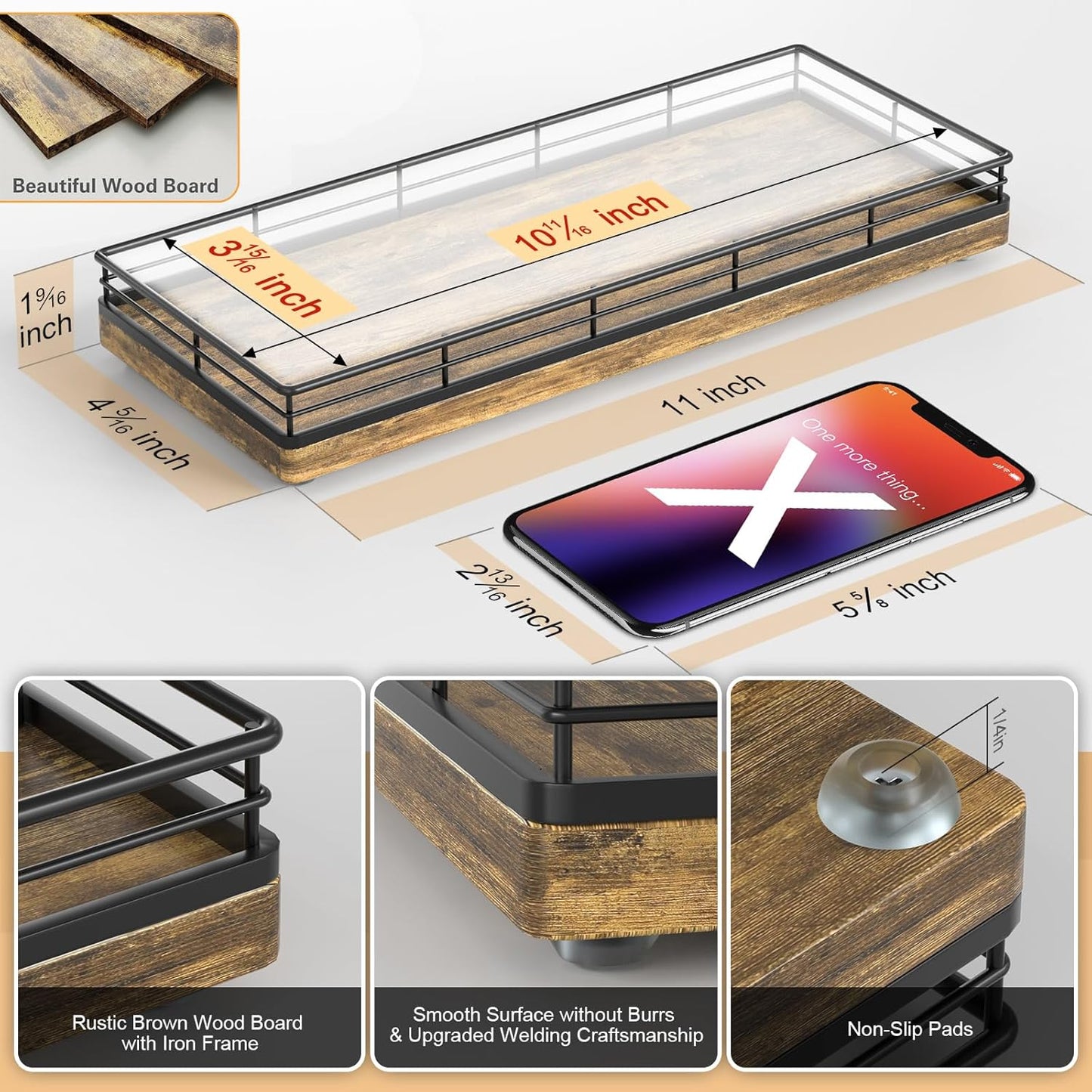 Rustic Bathroom Toilet Tank Tray, 11.2" Wood Toilet Paper Storage Basket Back of Toilet Basket Organizer, Vanity Tray for Perfume Makeup Candle Kitchen Counter Coffee Table Decor