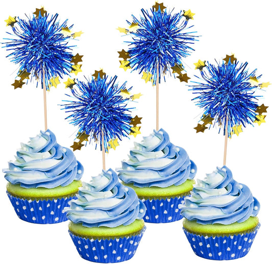 30 PCS Foil Firework Cupcake Toppers Happy Birthday Star Cupcake Picks Sparkle Tinsel Drink Stirrers Cocktail Fruit Toothpicks for Valentine's Day Wedding Birthday Party Decorations Supplies Blue