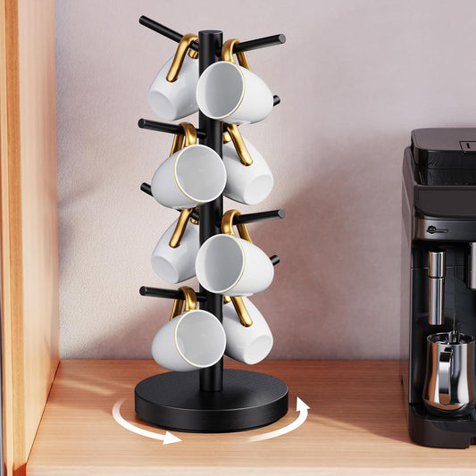 Coffee Mug Holder Tree, Upgraded 360° Rotated Coffee Cup Holder for Counter, Wood Coffee Mug Tree, Coffee Mug Rack with 8 Hooks, Coffee Mug Organizer Station, Mug Stand Coffee Bar Accessories, Black