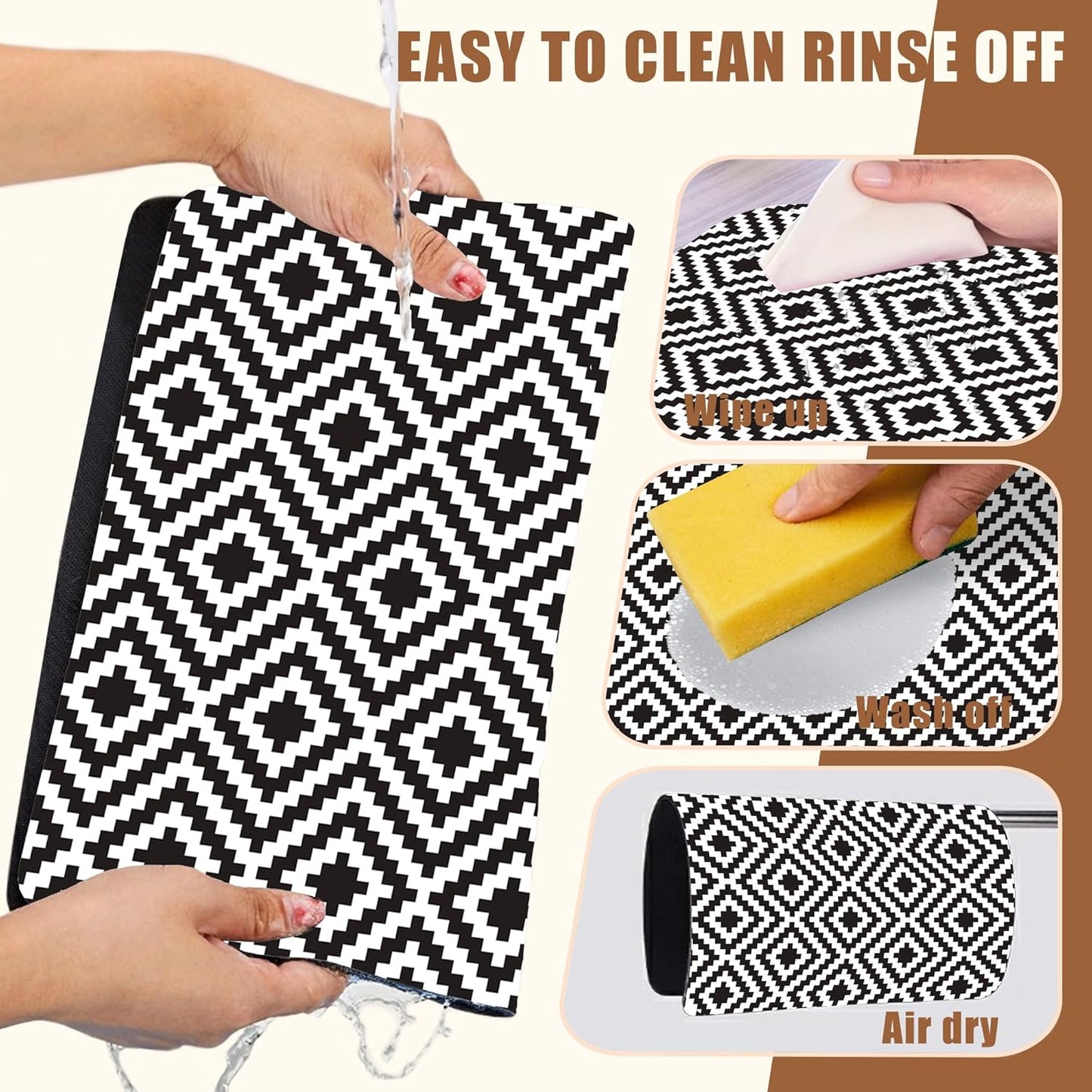 Dish Drying Mat Black and White Geometric Coffee Bar Mat for Countertop Absorbent Rubber Backed Hide Stain Dish Drainer Rack Pad Coffee Pot Espresso Machine Dining Room Decor 15.7 x 23.6 Inch