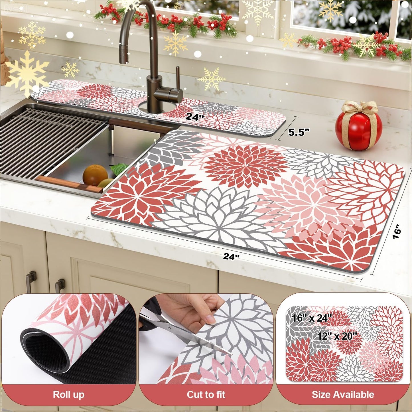 Findosom 2PCS 16" x 24" Christmas Dish Drying Mat & 24" x 5.5" Sink Splash Guard, Super Absorbent & Cuttable Dish Mat Drying Kitchen Mat with Red Floral, Hide Stain Drying Mat for Kitchen Counter