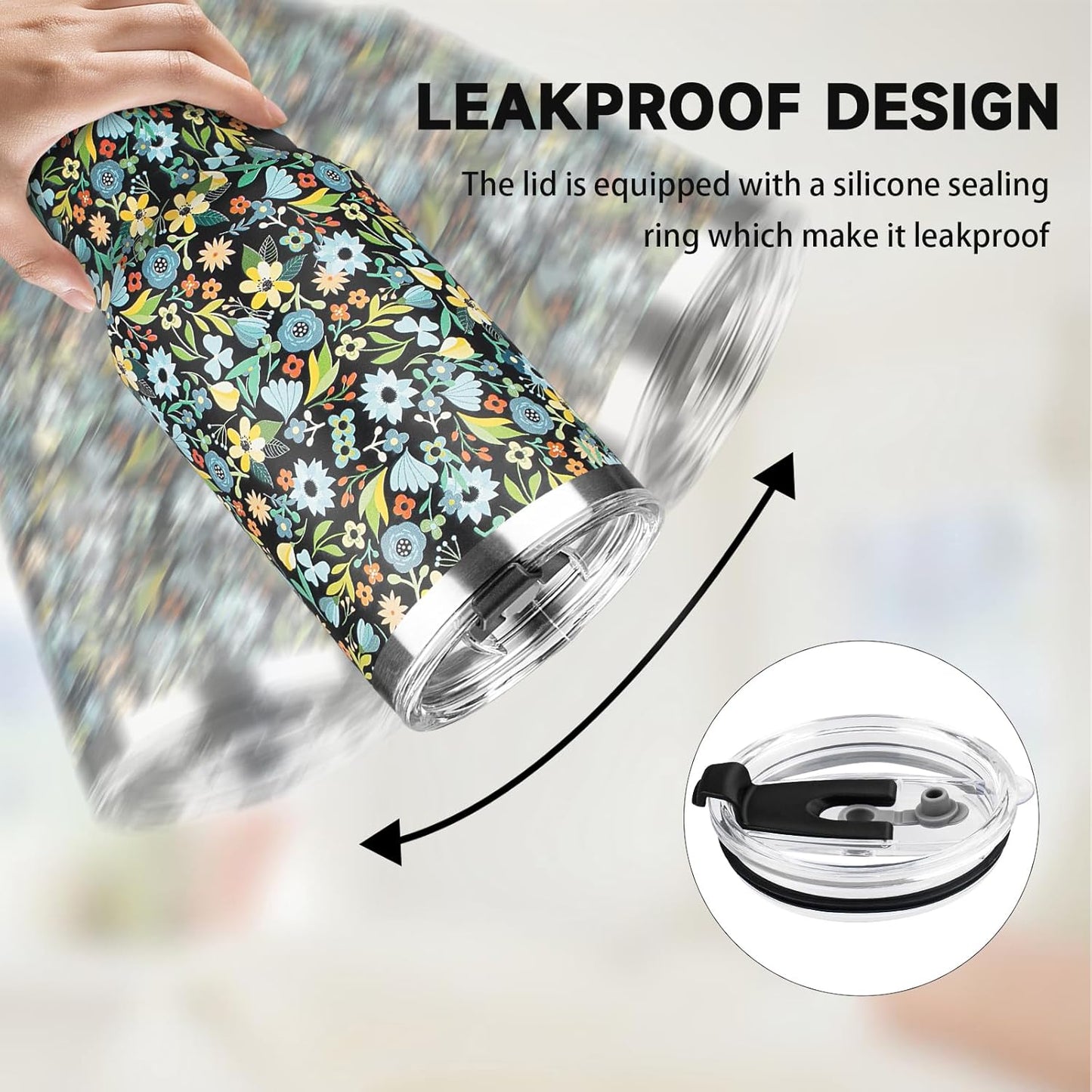 40 oz Tumbler with Lids and Straws, Stainless Steel Insulated Coffee Tumbler, Double Wall Vacuum Insulated Travel Mug Cup, Leakproof Thermal Coffee Cup for Hot and Cold Drinks (Blue Flower)