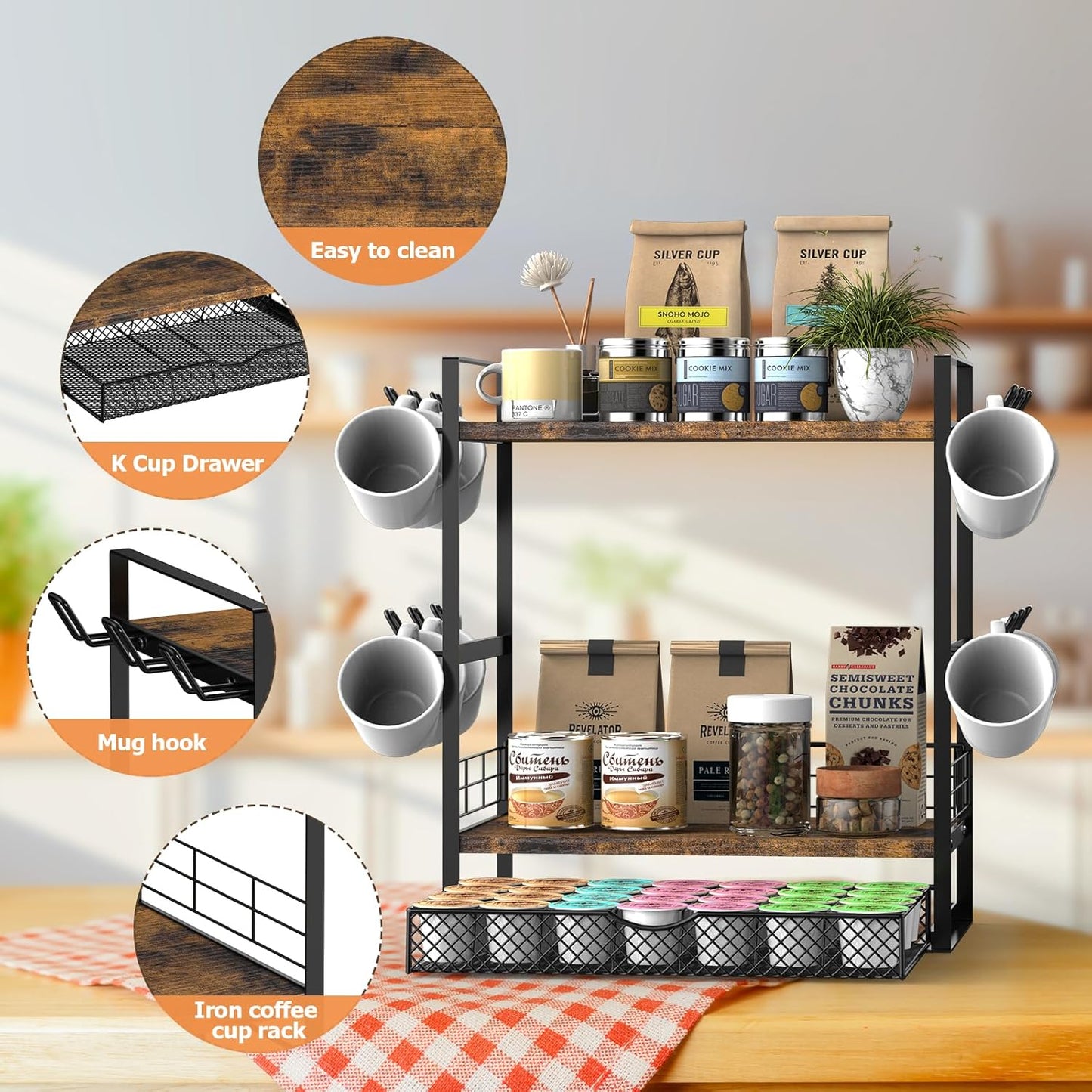 Coffee Station Organizer, 3 Tier Bar Organizer for Countertop, Mug Cup Holder Stand With 12 Hooks and 28 K Cup Storage for Kitchen, Home & Office, Rustic Brown