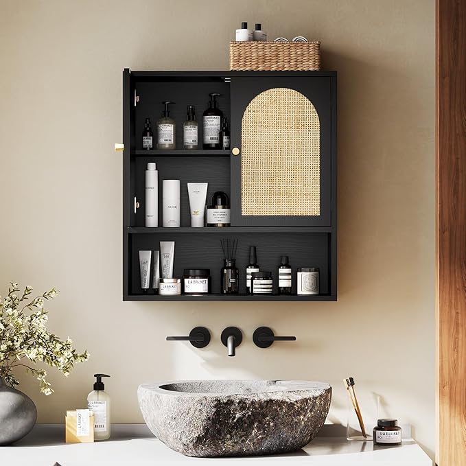 VINGLI Black Rattan Medicine Cabinet Wall Mounted, Arched Modern Farmhouse - Image 4