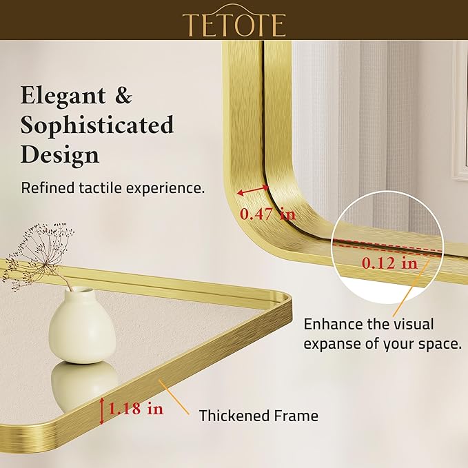 TETOTE Brushed Gold Bathroom Mirror, 24 x 36 Inch Metal Framed Mirror, Brushed - Image 5