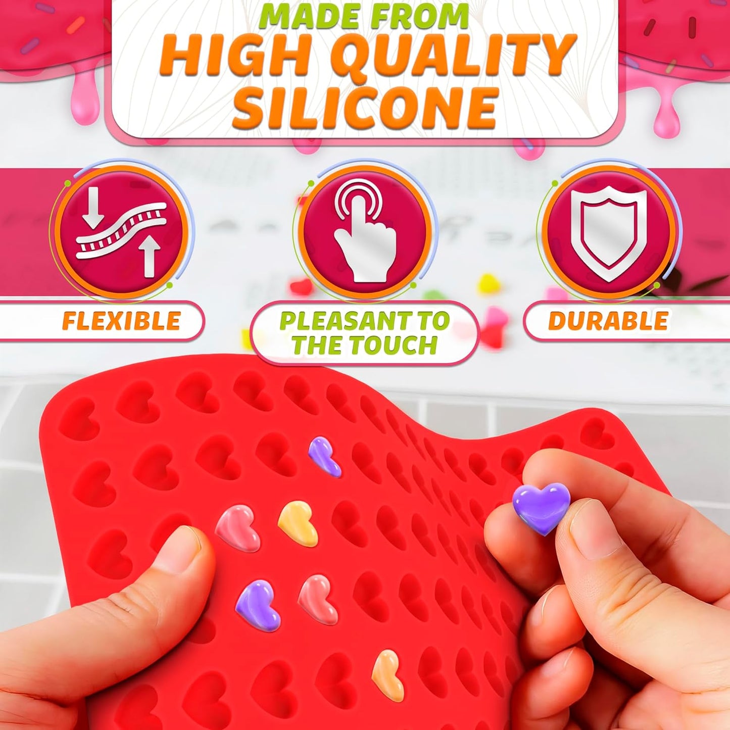 255 Cavities Mini Hearts Mold - 15.4" x 10.9" Mini Heart Silicone Mold for Making Candies, Chocolates and Gummies - Red Heart Ice Cube Tray with Easy Demolding, Flexible & Durable Heart Molds Silicone
