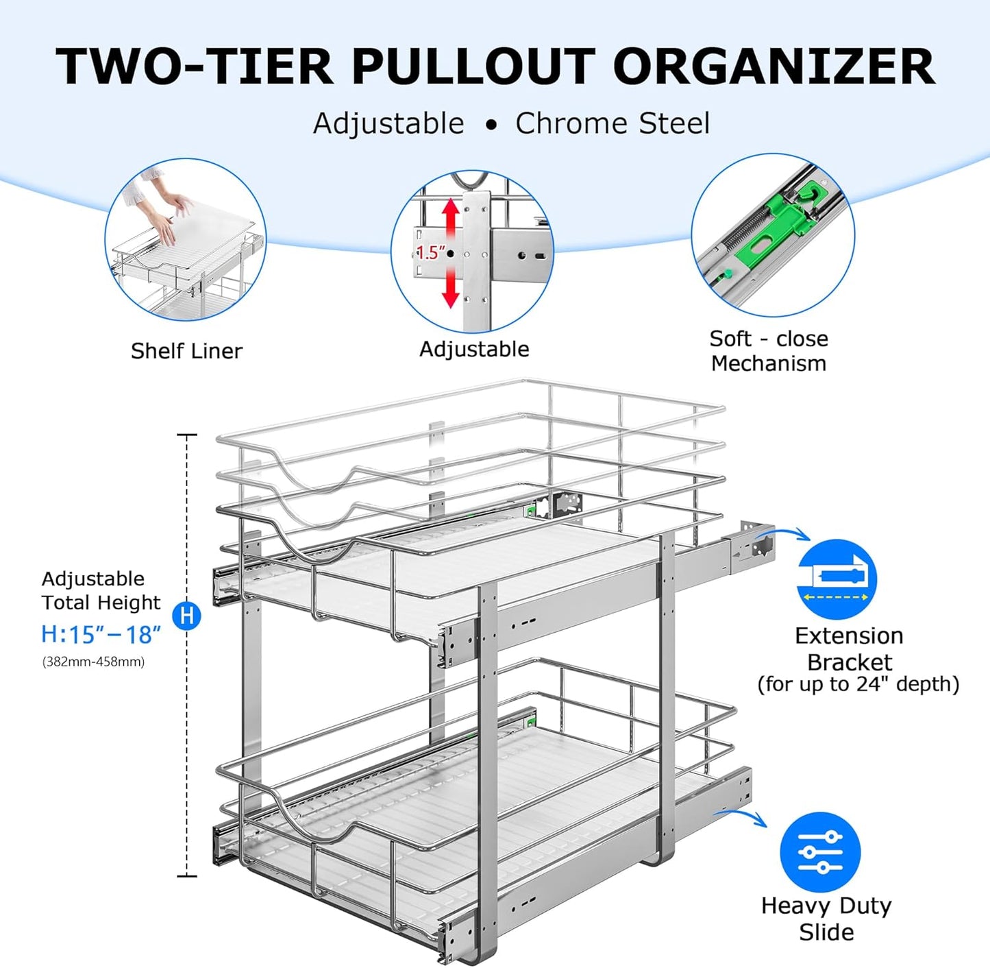 WelFurGeer 2-Tier Kitchen Cabinet Pullout Shelf and Drawer Organizer, Soft Close Pantry Pull Out Shelves, Heavy Duty Pull Out Cabinet Organizer with Shelf Liner for Kitchen Cabinets, Pantry Storage