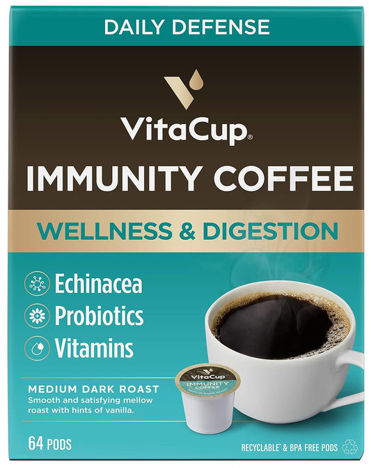 VitaCup Immunity Coffee Pods, Wellness Boost with Antioxidants, Echinacea, Probiotics, Vitamin C & D3, Medium Dark Roast, Recyclable Single Serve Pod Compatible with Keurig K-Cup Brewers,64 Ct