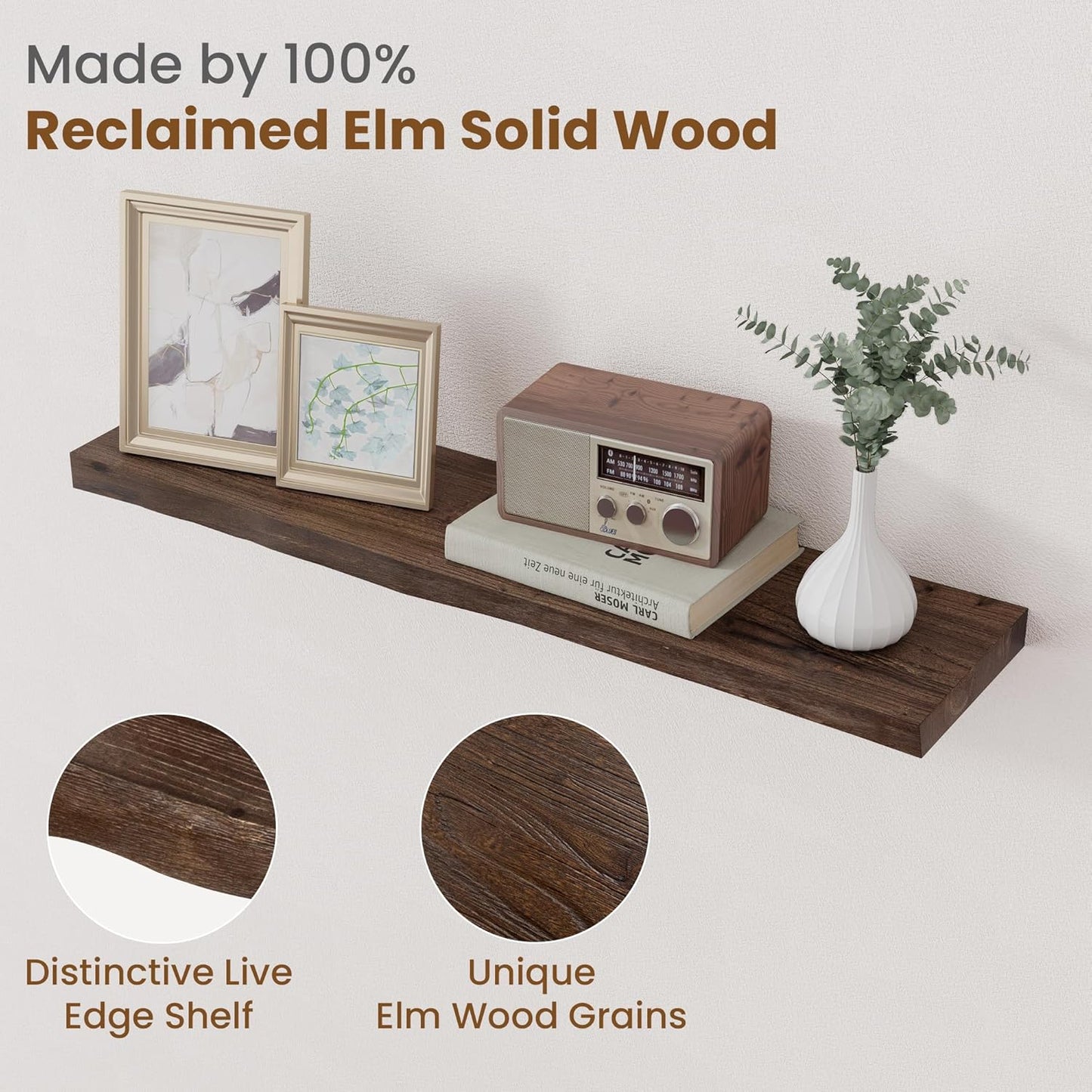 Floating Shelves for Wall Decor, Rustic Solid Elm Wood Live Edge Floating Shelves Wall Mounted, Wall Shelves with Invisible Bracket for Living Room Bathroom Bedroom Kitchen, 32 Inch Set of 2, Walnut