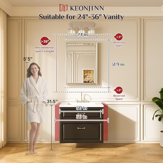 Keonjinn Brushed Nickel Bathroom Mirrors 24" x 32", HD Tempered Glass - Image 2
