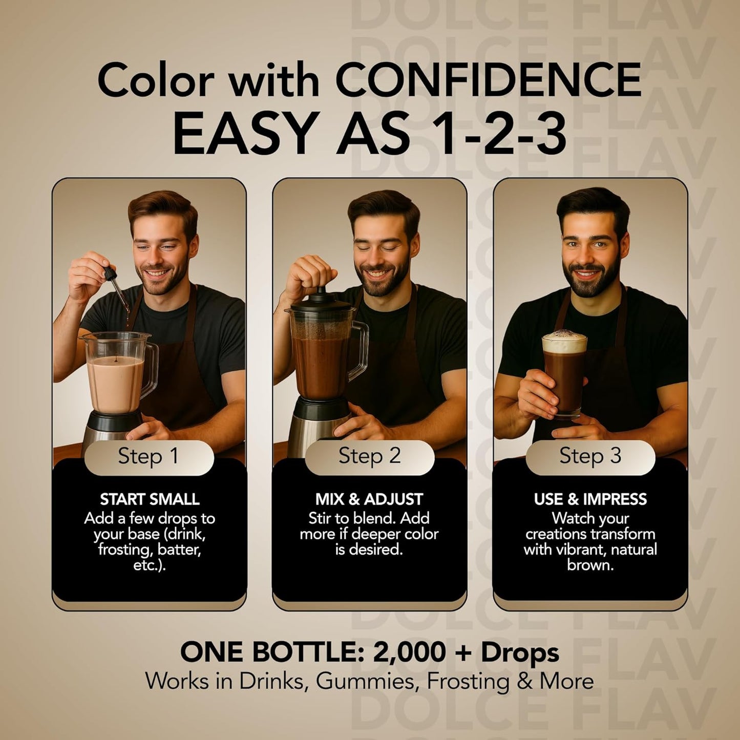 Dolce Flav Natural Brown Food Coloring – 2 oz Liquid Color from Class IV Caramel with Graduated Dropper | Water-Soluble | For Baking, Beverages & Sauces | Kosher | Made in USA