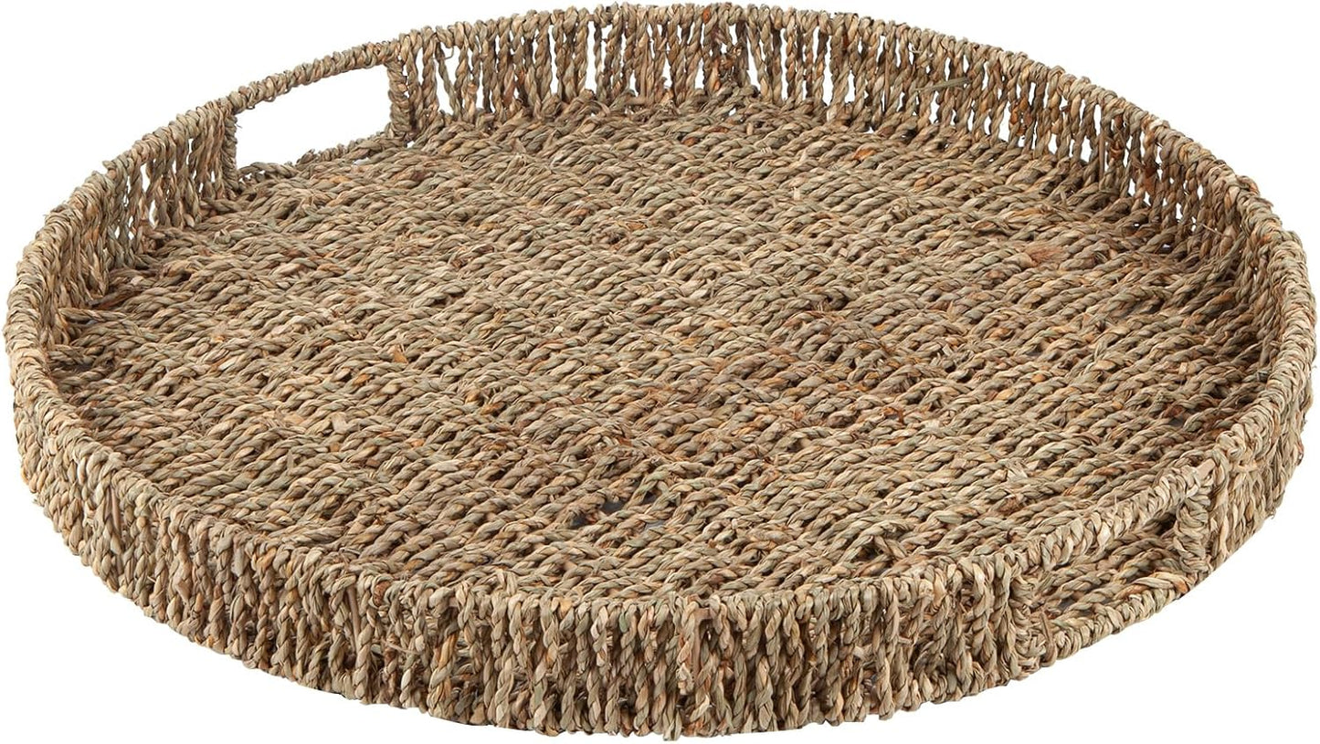 Round Ottoman Tray Large Wicker Serving Tray with Handles for Coffee Table, 20 Inch Handwoven Natural Seagrass Tray