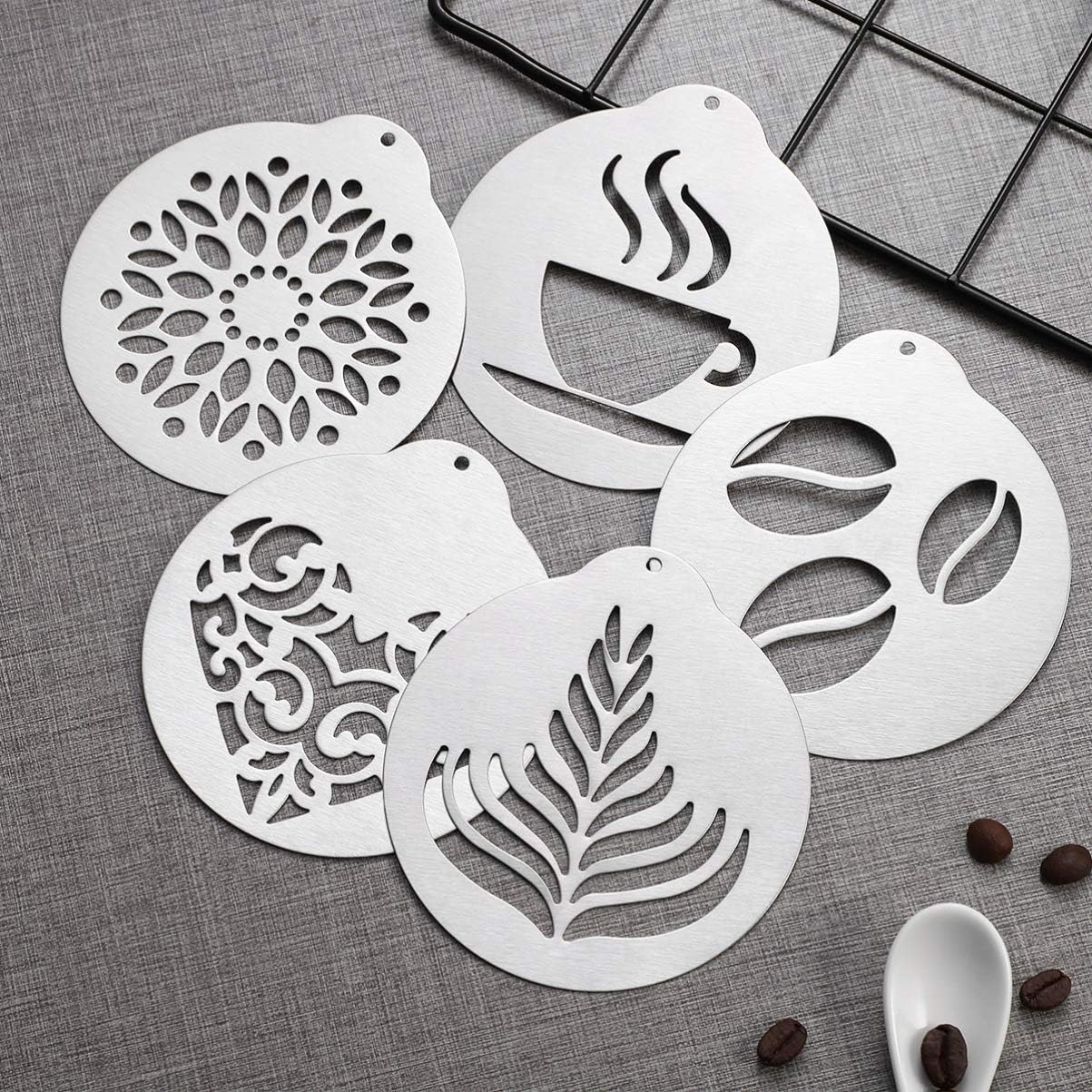 5Pcs Stainless Decorating Stencils, Metal Foam Latte Art Templates, Reusable Cappuccino Chocolate Templates Coffee Garland Mould Cake Decorating Tool